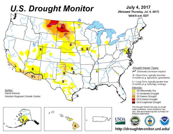 U.S. Drought Monitor map, 4 July 2017 (map from U.S. DroughtMonitor, UNL, USDA, NOAA)