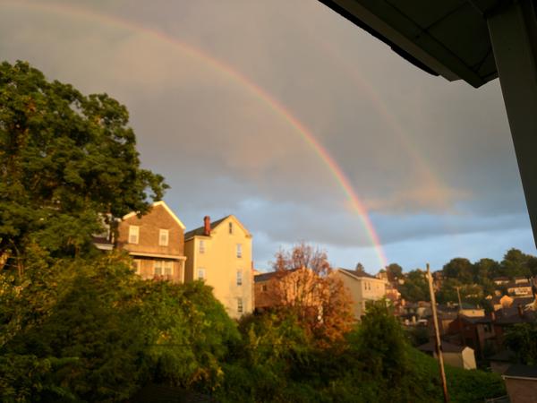 Double rainbow in my neighborhood at dusk, 14 Sept 2017 (photo by Kate St. John)